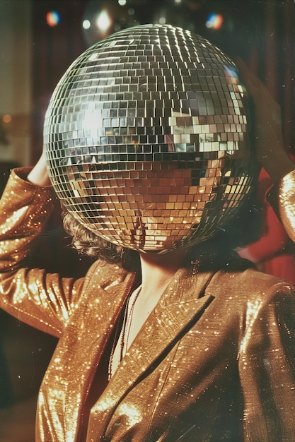 Imagen vintage retro de una persona con una cabeza de bola de discoteca retrato de una fiesta en un club nocturno