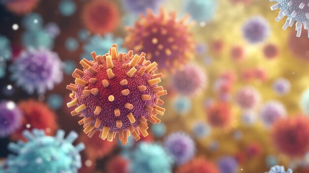 una imagen de un virus con un cuerpo rojo y púrpura y la palabra bacterias