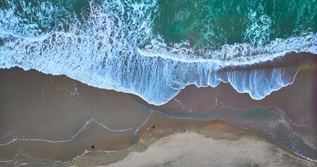 Imagen de una vista aérea recta de una playa color canela con olas verdes en la parte superior bañando arena mojada