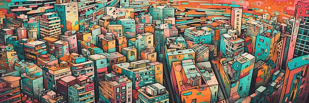 Una imagen de una vista de pájaro multicolor abstracta de un paisaje urbano AI generativa de fondo