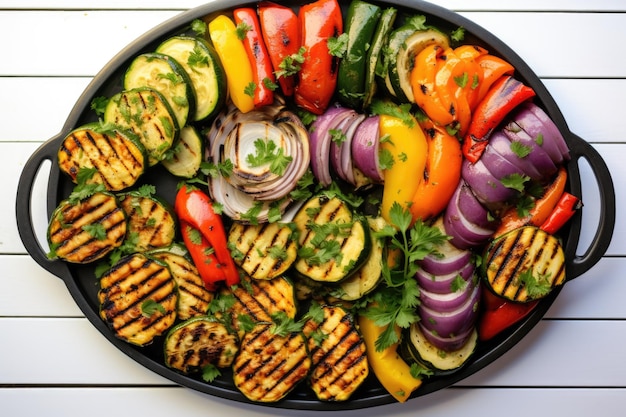 Imagen a vista de pájaro de verduras mixtas a la parrilla en un plato ovalado