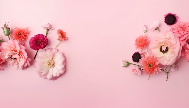 Imagen de la vista superior de la composición de las flores rosadas sobre un fondo pastel