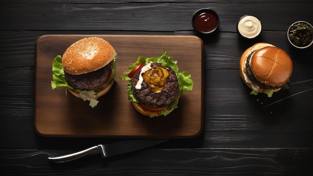 Foto imagen de la vista superior de una presentación de hamburguesa gourmet en una superficie de madera oscura enfatiza los ingredientes