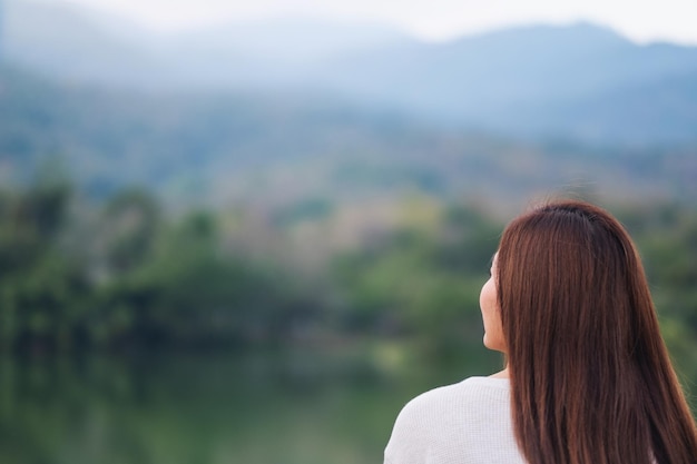 Imagen de vista trasera de una mujer sentada sola junto al lago mirando las montañas con fondo de naturaleza verde