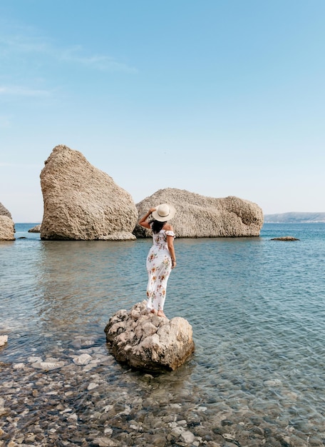 Imagen de la vista trasera de una mujer con un vestido largo de verano de pie sobre una roca en una hermosa playa.