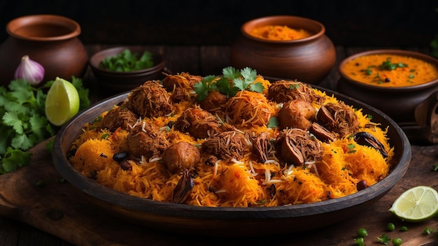 una imagen vívida de los vibrantes colores y texturas de Hyderabad Biryani exhibido en un woo desgastado