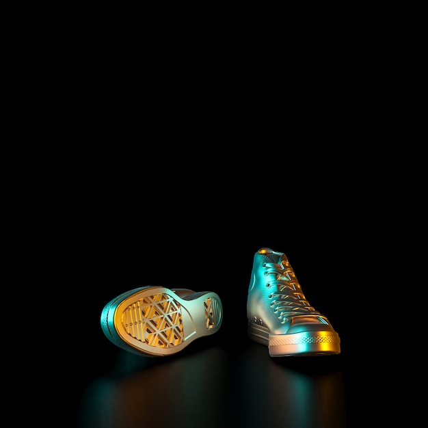 Imagen de zapatillas doradas sobre un fondo negro.