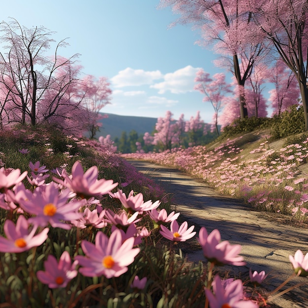 Foto imágenes 3d de la temporada de primavera a lo largo de la carretera