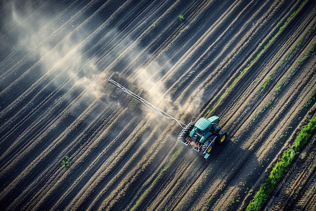 Foto imágenes aéreas de agricultores que operan tractores equipados con sementeras