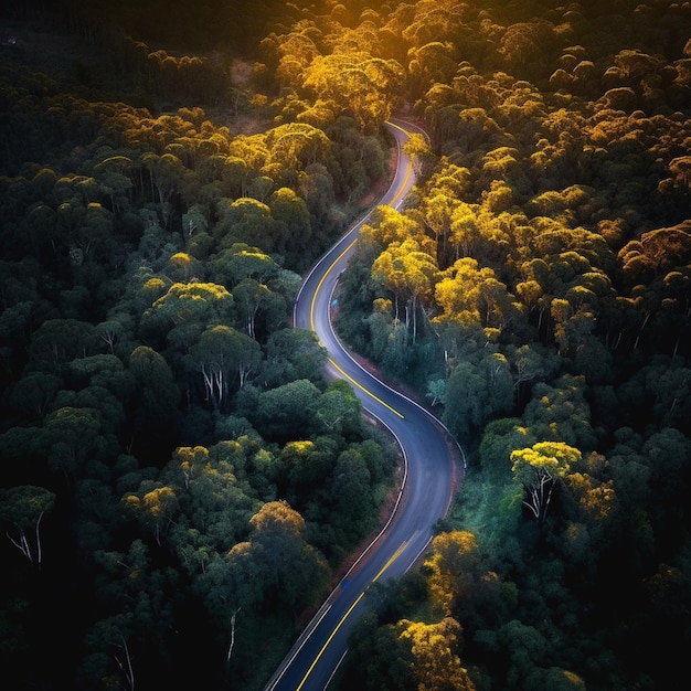 imágenes aéreas de la carretera de verano en un bosque