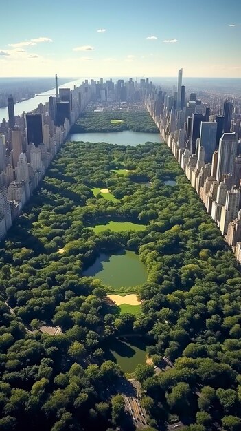 Foto imágenes aéreas de helicóptero sobre el parque central con árboles naturales y personas