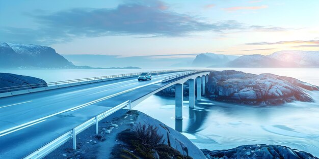 Las imágenes aéreas muestran un coche cruzando el puente costero en Noruega con vista al océano Concept Travel Imágenes aéreas del puente costereño Noruega Ocean View