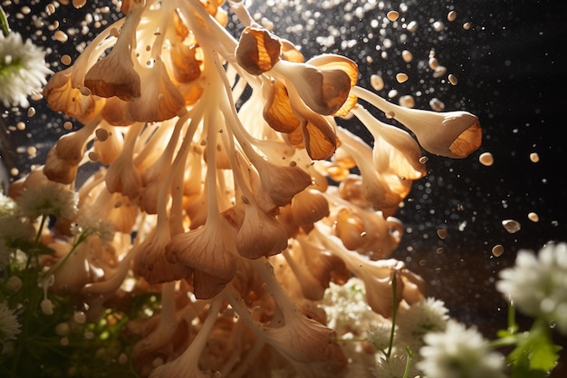 Imágenes a alta velocidad de gotas de lluvia cayendo sobre los hongos