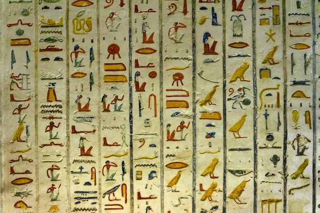 Imágenes antiguas de Egipto en color y jeroglíficos en la pared.