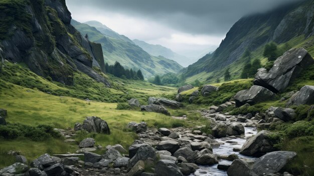 Imágenes atmosféricas de bosques en el valle del río Majestic con paisajes escoceses