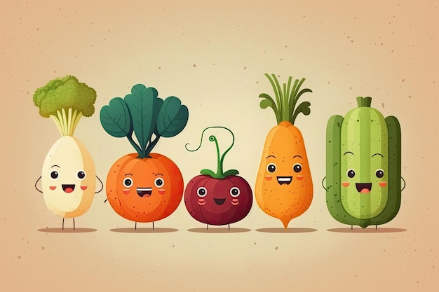 Imágenes brillantes de lindas frutas y verduras kawaii Ideal para diseñar divertidas ilustraciones de comida para niños Colección de vegetales de dibujos animados