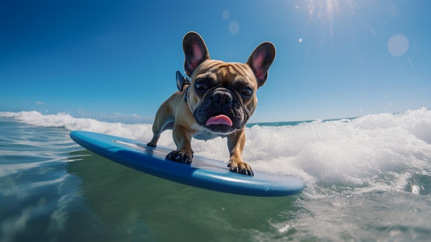 Imágenes de bulldog francés surfeando en la playa con gafas de sol Arte generado por IA