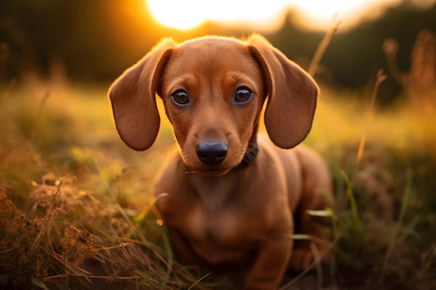 Imágenes de cachorros con enfoque selectivo Foto de perro rojo en el campo de hierba