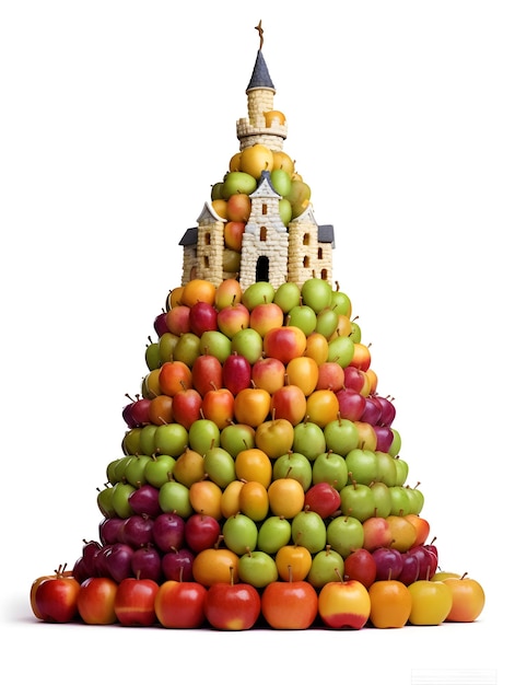 Imágenes de castillos de frutas y verduras contra un telón de fondo blanco
