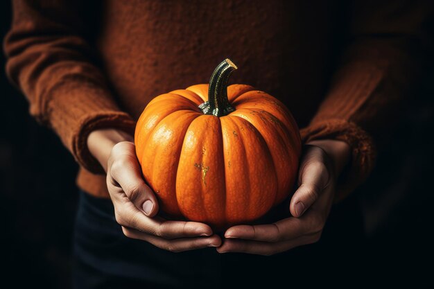 Imágenes cautivadoras de otoño Una vibrante calabaza naranja adornada por manos suaves ar 32