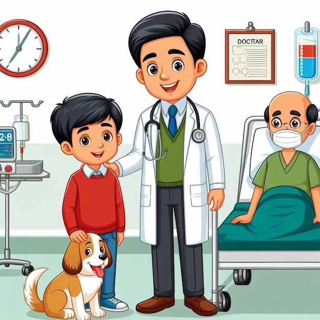 Imágenes de dibujos animados de médicos con niños en el hospital Ilustración de caricaturas para libros de cuentos escolares