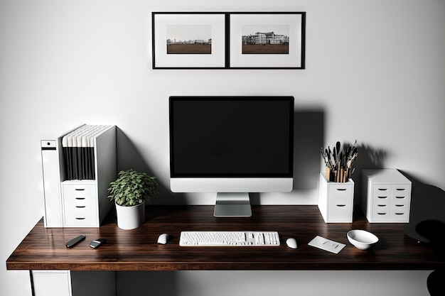 Con imágenes de escritorio de computadora en un almacenamiento de pared blanco y una sección para una oficina en casa, una maqueta