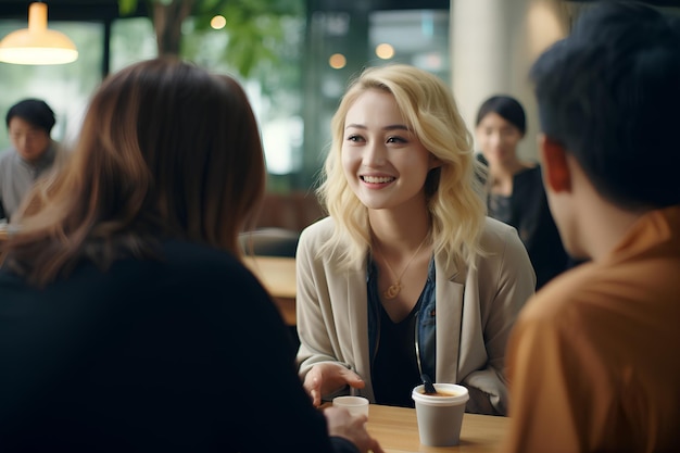 Imágenes de estudiantes asiáticos hablando con una chica rubia con flores blancas