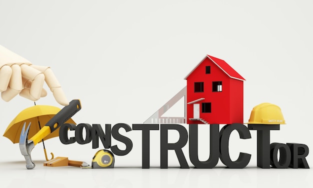Imágenes de fondo para contratistas de construcción o renovaciones de viviendas o inversiones inmobiliarias con un modelo de casa roja rodeado de herramientas de carpintería y cinta métrica ilustración de renderización 3D