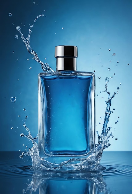 Foto imágenes de fotografía de productos maquillaje de botella azul de perfume con salpicaduras de agua