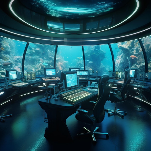 Imágenes futuristas de la sala de escritorio de computadora aquriam bajo el agua Arte generado por IA