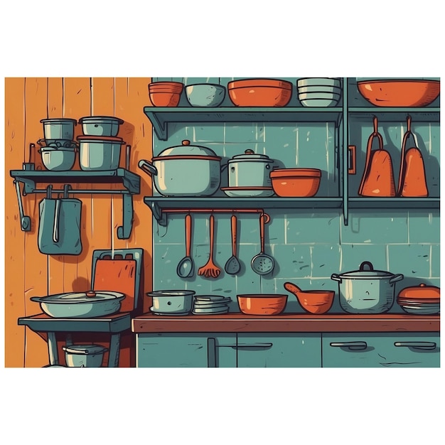 imágenes de ilustración de diseño animadas de equipos completos de cocina