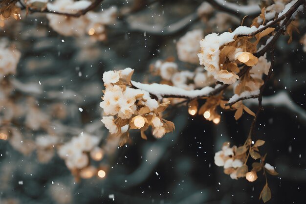 Las imágenes de las luces de nieve de una rama cubierta de nieve