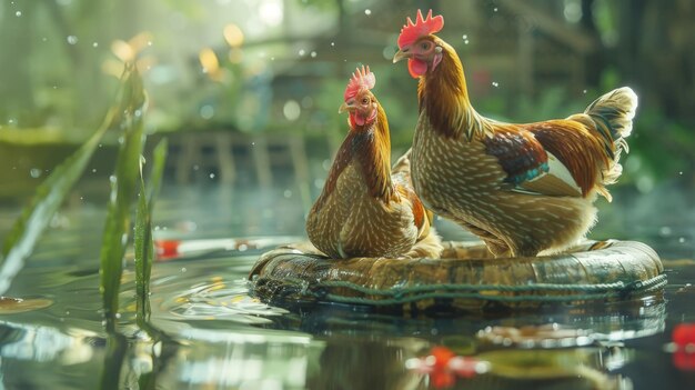 Foto imágenes lúdicas con pollos posados en objetos flotantes que añaden un toque de novedad a los entornos acuáticos