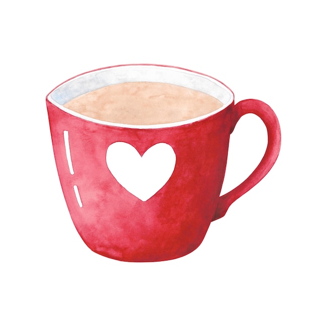 Imágenes prediseñadas de acuarela taza roja aislado sobre fondo blanco. Taza brillante con café, cacao, té. Taza con corazón blanco. Otoño acogedor, ilustración de invierno.