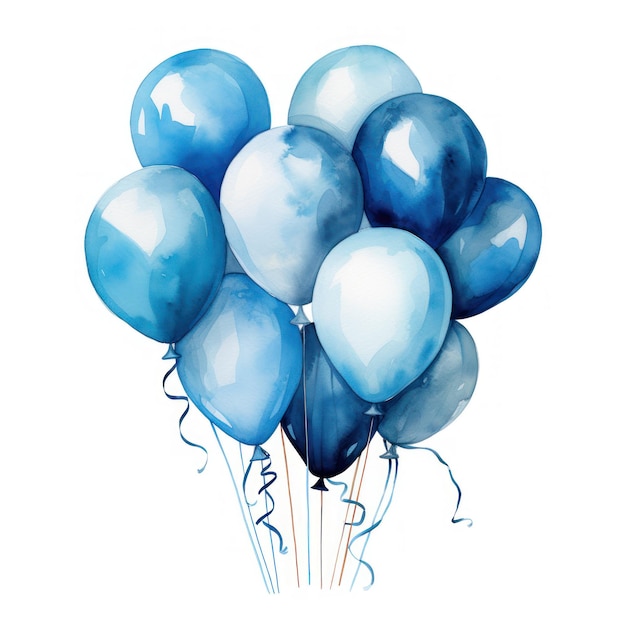 Imágenes Prediseñadas coloridas de globos azules de acuarela sobre fondo blanco generado por AI