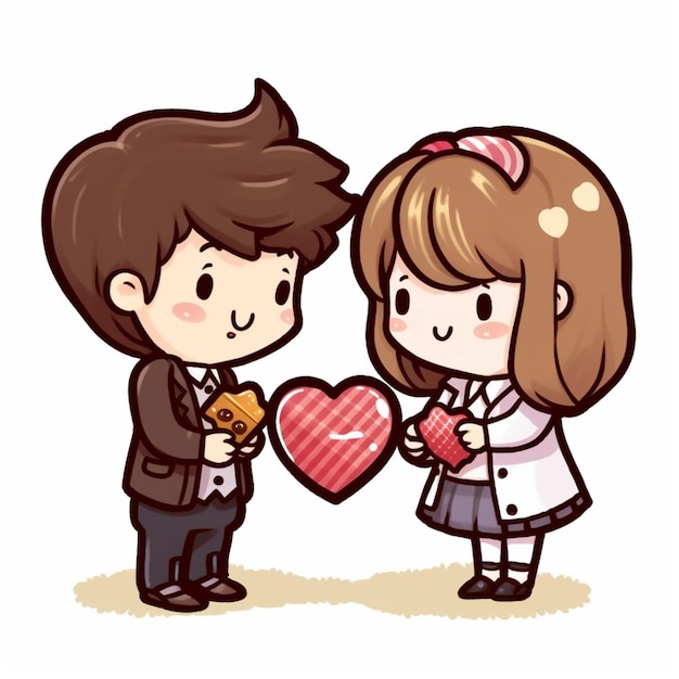 Foto imágenes prediseñadas de kawaii un momento sincero capturado cuando una pareja se alimenta juguetonamente con chocolates en forma de corazón, el deleite evidente en sus ojos.