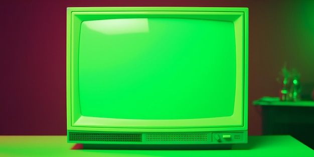 Imágenes de primer plano de un televisor anticuado con pantalla verde