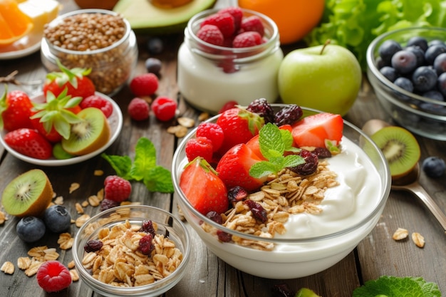 Imágenes que muestran opciones saludables como yogur de frutas y entero