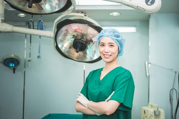 Imágenes de retratos de médicos asiáticos, mujeres cirujanas de pie en la sala de operaciones para el cuidado de la salud médica y el concepto de cirugía