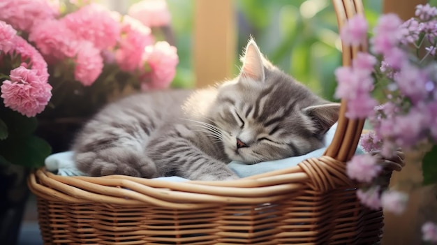 Las imágenes de stock muestran un lindo gatito durmiendo en una canasta con hermosas flores rosadas creando un adorable retrato de un gatito gris y blanco durmiendo con flores de hortensia