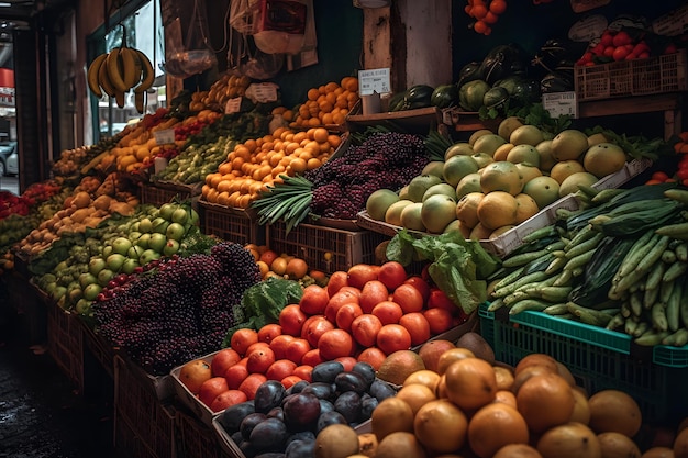 Imágenes vibrantes de frutas y verduras frescas en un mercado Ai generativo