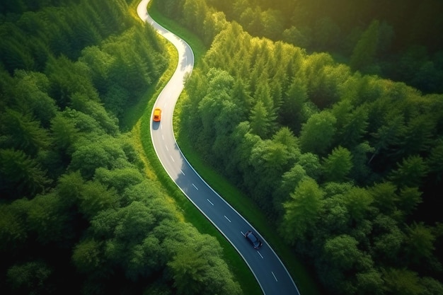 imagens aéreas da estrada de verão em uma floresta