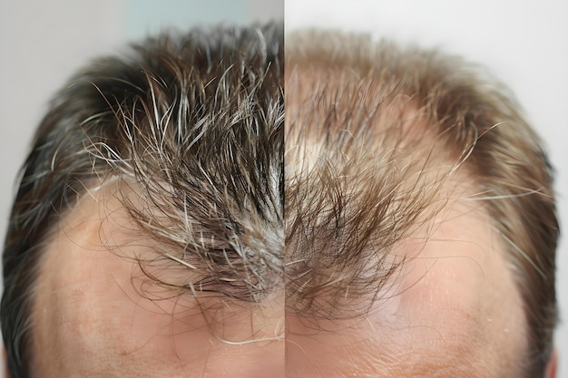 Foto imagens antes e depois que mostram a transformação bem-sucedida do transplante de cabelo em um homem conceito transplante de cabelo transformação masculina antes e depois da história de sucesso restauração de cabelo