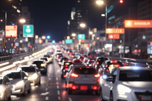 Imagens borradas de engarrafamento em uma rua larga luzes de freio borradas trânsito denso da cidade transporte intercâmbio de imagens noturnas