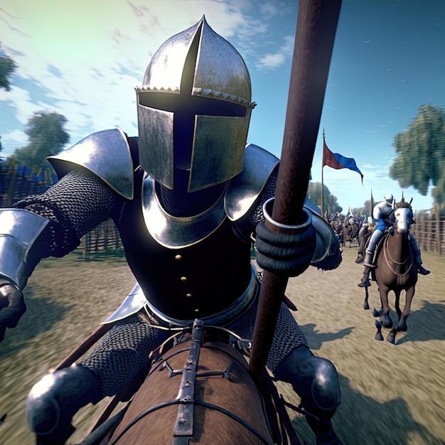 Imagens da câmera GoPro de cavaleiro medieval galopando