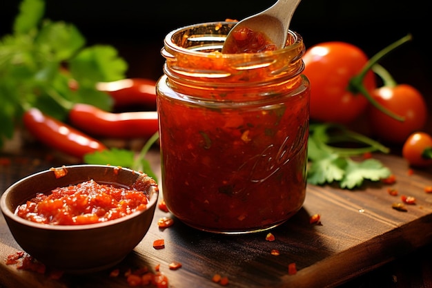Foto imagens de alta qualidade de diferentes tipos de salsa em tigelas ou frascos de vidro