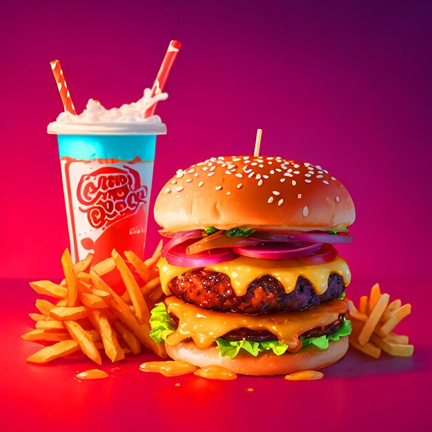 Imagens de alta resolução com hambúrguer com batatas fritas e refrigerante