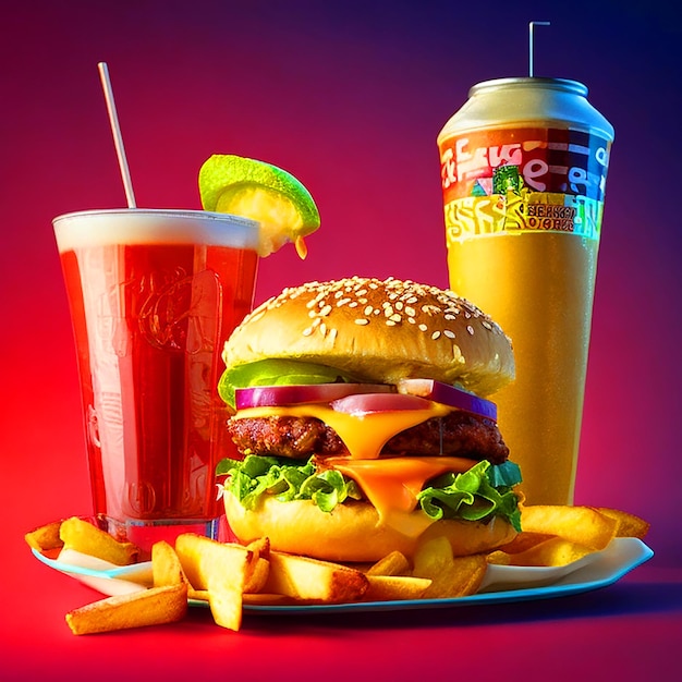 Imagens de alta resolução com hambúrguer com batatas fritas e refrigerante