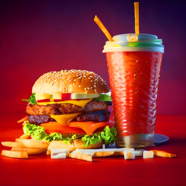 Foto imagens de alta resolução com hambúrguer com batatas fritas e refrigerante