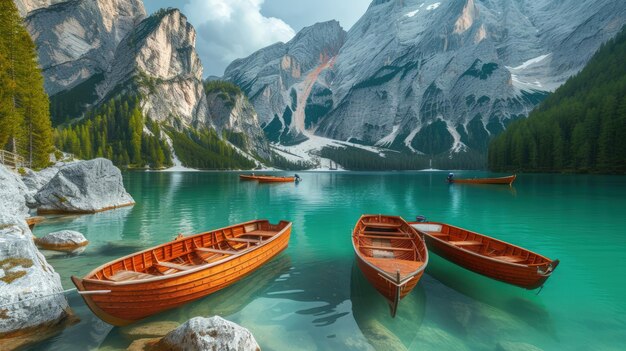 Imagens de barcos nas montanhas das Dolomitas do Lago Braies, Sudtirol, Itália